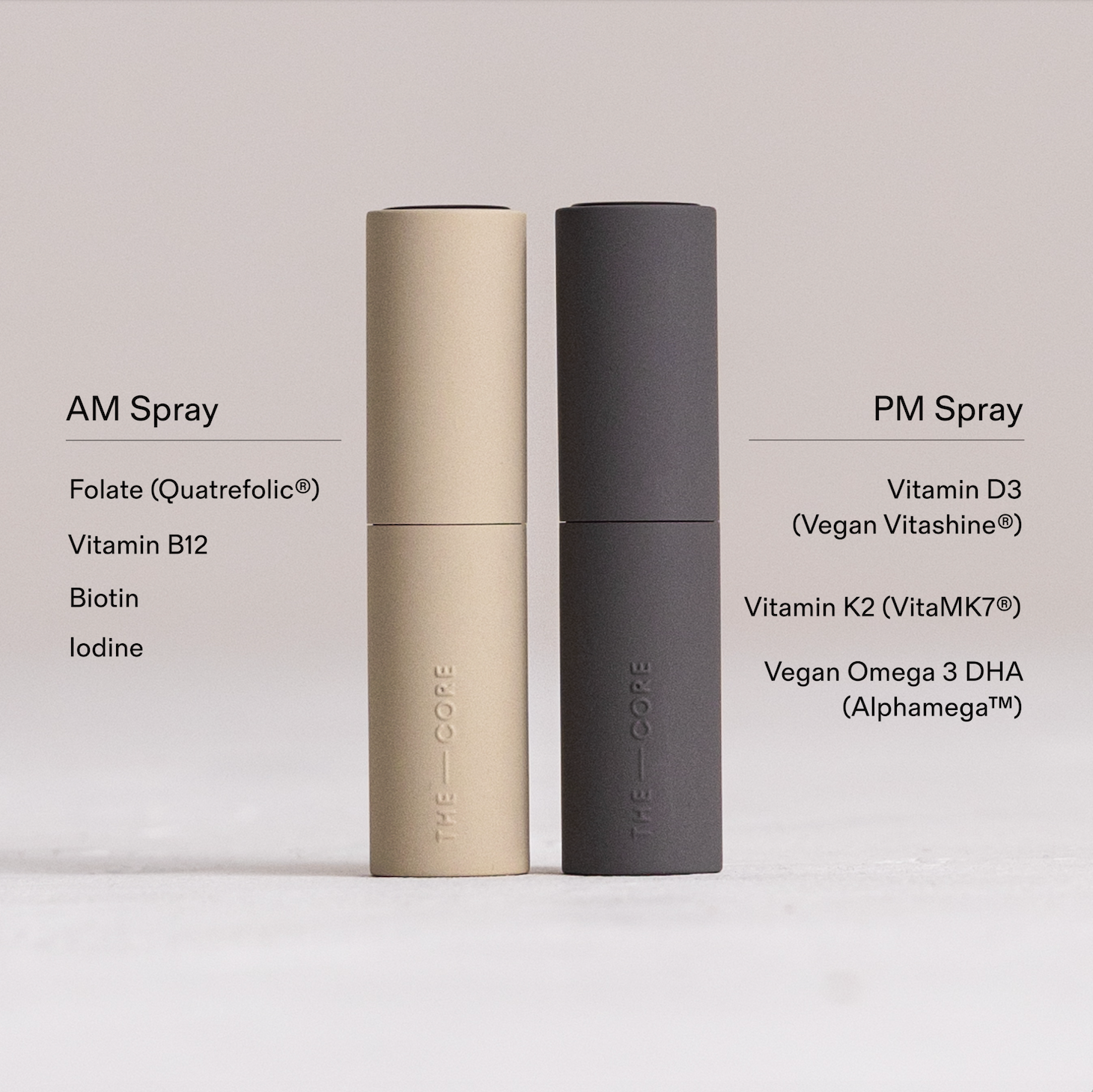Adults sprays with vitamins contained in each bottle. Vitamin D3, vitamin B12, vegan omega, biotin